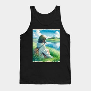 Sad Japanese Girl Stting on Lake Side - Anime Drawing Tank Top